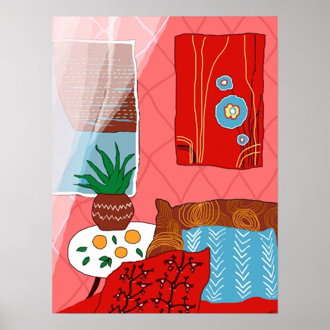 Poster Sala Vermelha inspirada por Matisse com Travesseir (Frente)