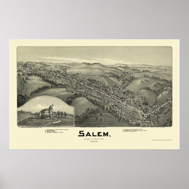 Pôster Salem, Mapa Panorâmico do WV - 1899 (Frente)