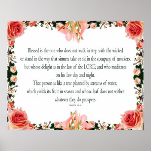 Poster Salm 1 Art - Abençoado, Direito, com Design Floral
