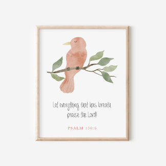 Poster Salmo Cristão 150:6 Arte de Pássaros em Aquarela