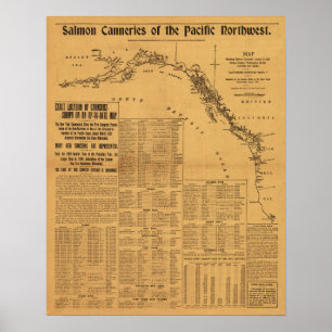 Pôster Salmon Canneries of the Pacific Northwest Map