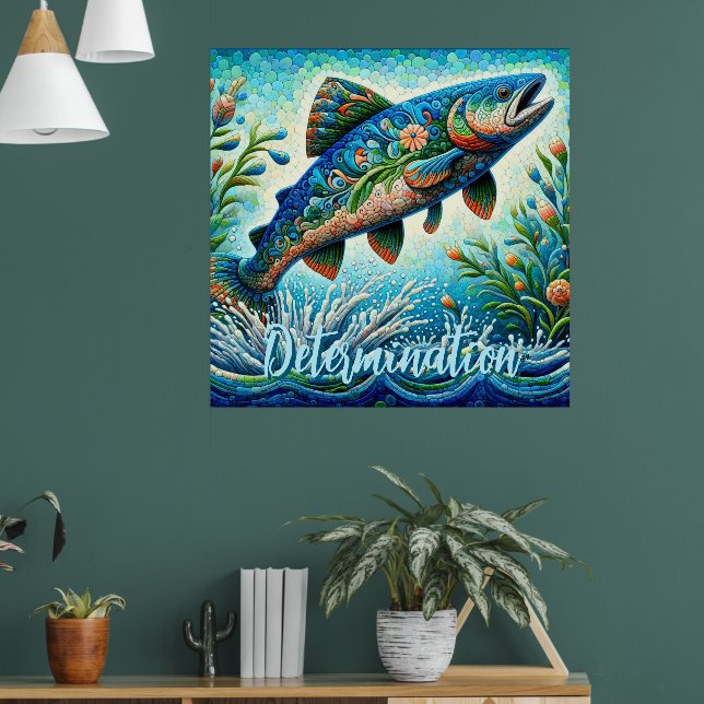 Poster Salmon Jumping Mosaic Floral Blue Personalized (Sala de Estar 1)