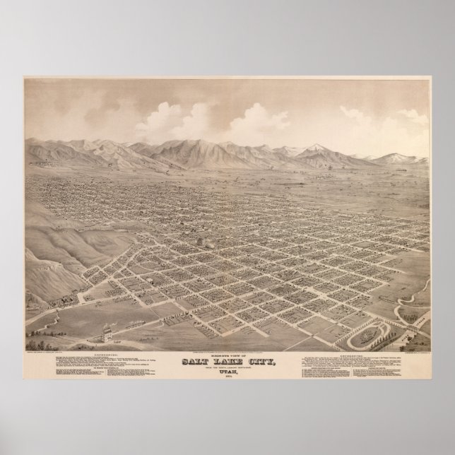 Pôster Salt Lake City, 1875, Mapa Panorâmico Olho de Páss (Frente)