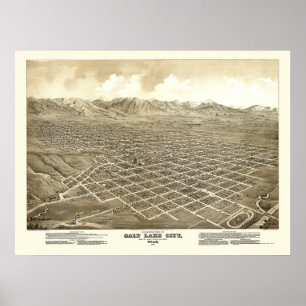 Pôster Salt Lake City, mapa panorâmico de UT - 1875