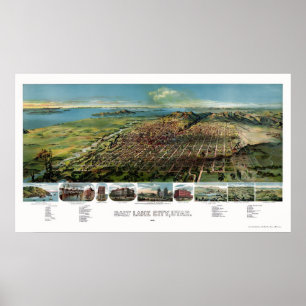 Pôster Salt Lake City, mapa panorâmico de UT - 1891