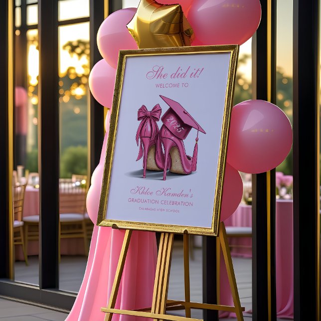 Poster Saltos Altos Rosa Elegantes & Boina de Gradução Be (Pink Chic Graduation Welcome Sign | Poster Print or Instant Download Graduation Welcome Sign)