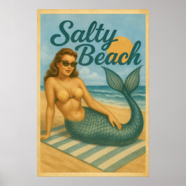 Poster Salty Beach Pin-Up Mermaid -Retro Coastal Life Art
