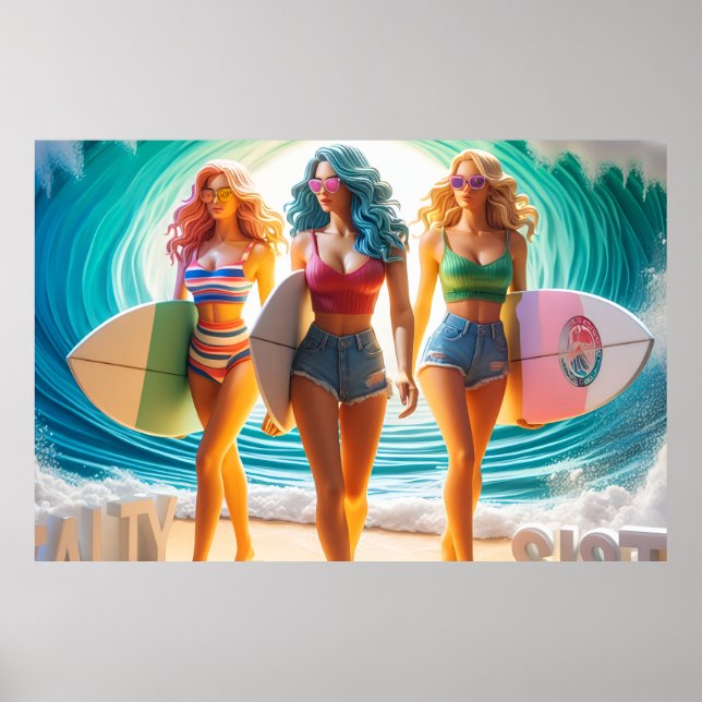Poster Salty Sisterhood Trio Girls Beach Walk Surfer (Frente)