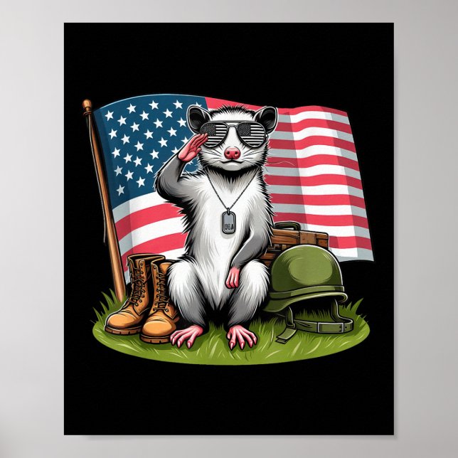 Poster Salute Possum American Flag Memorial Day 4th O (Frente)