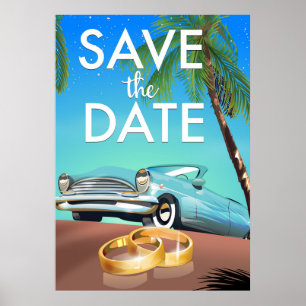Poster Salve a data carro antigo e alianças.