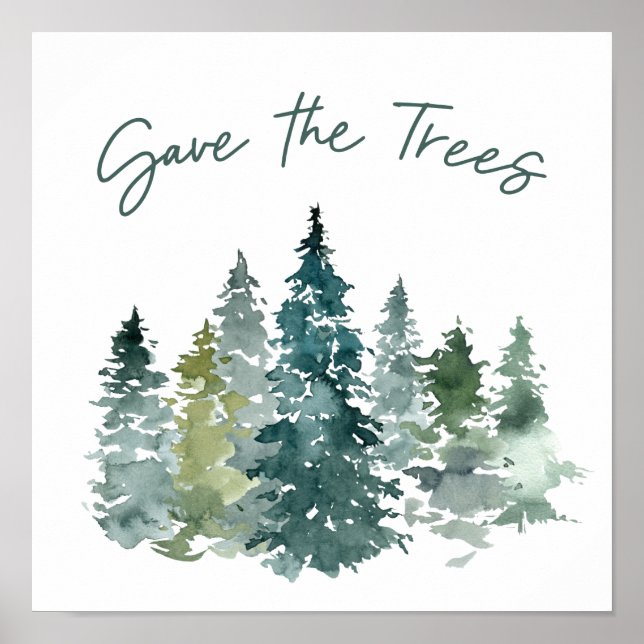 Poster Salve A Floresta De Aquarela Verde De Árvores (Frente)