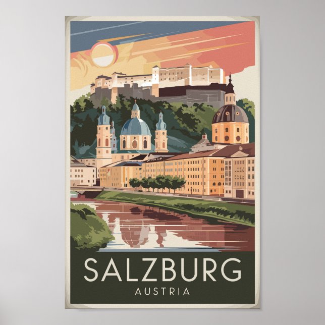 Poster Salzburg Austria Illustration Viagem Art Vintage (Frente)
