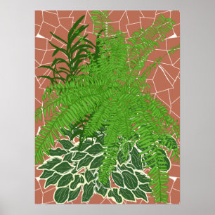 Poster Samambaias verdes e Hostas em mosaico de terracota