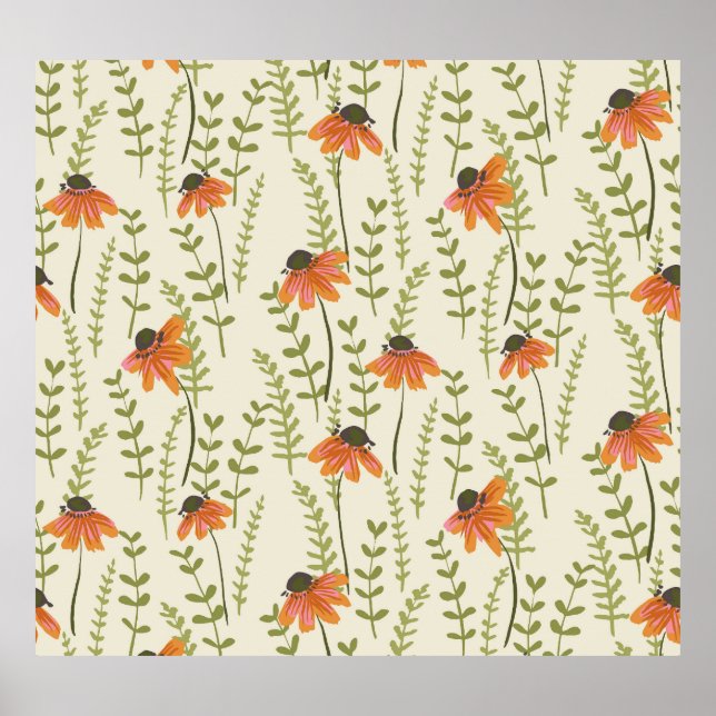 Poster Samambaias verdes, flores laranja, natureza. (Frente)