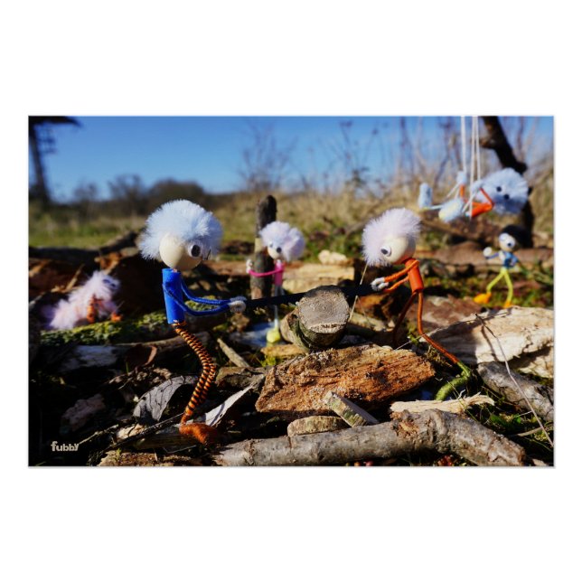 Pôster Samenwerking van Fubby poppetjes op een houtwerkpl (Frente)
