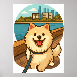 Poster Samoyed Feliz Passeando pela Orla da Cidade