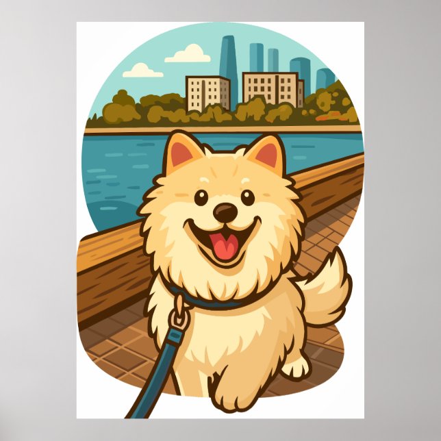 Poster Samoyed Feliz Passeando pela Orla da Cidade (Frente)