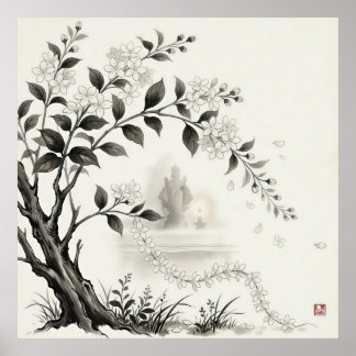 Poster Sampaguita — Flor Nacional das Filipinas Sumi-e