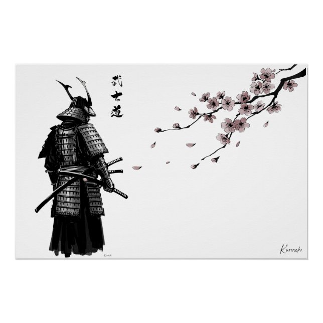 Pôster Samurai and Sakura Art Print – Japanese Wall Poste (Frente)