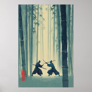 Poster Samurai Bamboo Print Japanese Nature Art (Blue