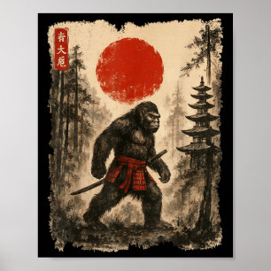 Poster Samurai Bigfoot Japonês Vintage Sasquatch Ukiyo-e