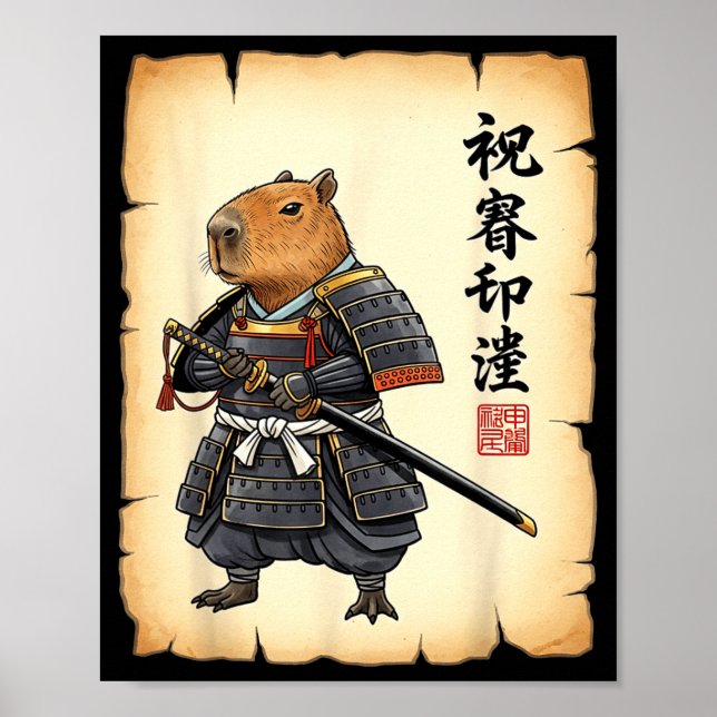 Poster Samurai Capybara Japanese Art Vintage Graphic Funn (Frente)