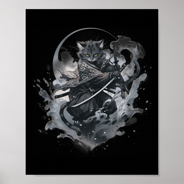 Poster Samurai Cat Anime Japonês Ninja Warrior Aestético (Frente)