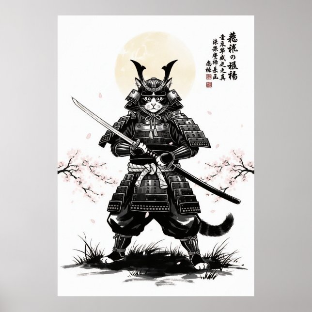 Poster Samurai Cat Art Print with Katana Sword Japanese (Frente)