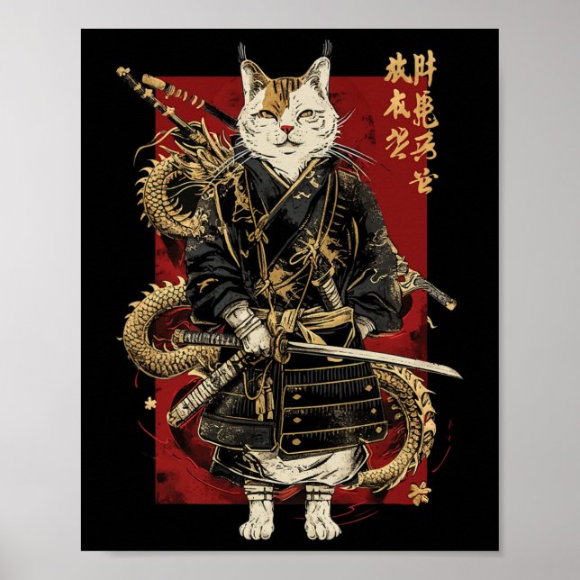 Poster Samurai Cat Com Dragão Japonês Kanji (Frente)