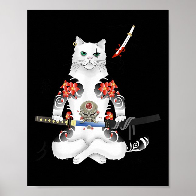 Poster Samurai Cat Katana Ninja Yakuza Tattoo (Frente)