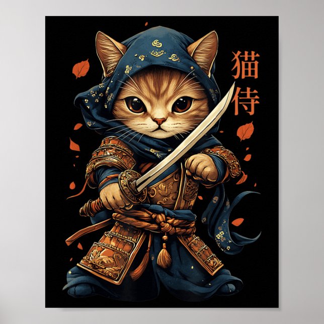 Poster Samurai Cat Tattoo Kawaii Ninja Cat W (Frente)