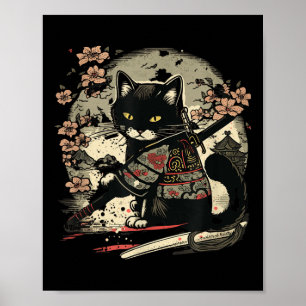 Poster Samurai Cat Tattoo, Vintage Kawaii Ninja