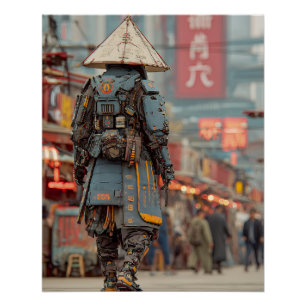 Pôster Samurai Ciborgue Mecha Chapéu Cônico