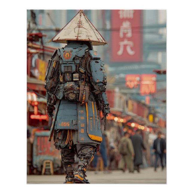 Pôster Samurai Ciborgue Mecha Chapéu Cônico (Frente)