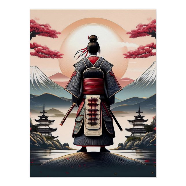 Pôster Samurai com Pagodas e Sunrise (Frente)