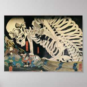 Pôster Samurai Fighting and a Giant Skeleton c. 1800's