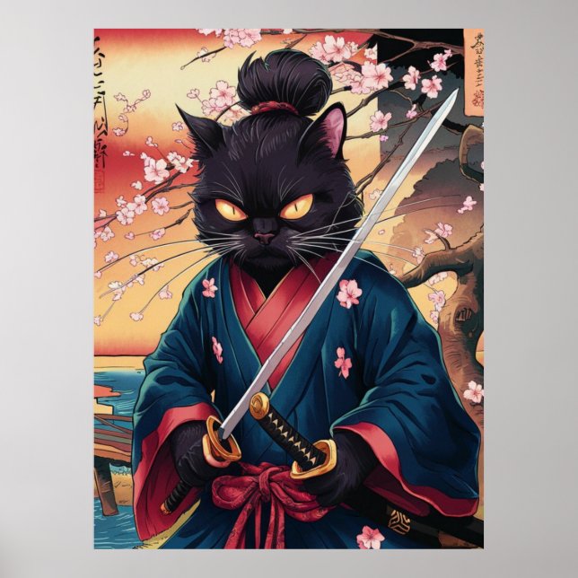 Poster Samurai Gato Preto Engraçado (Frente)