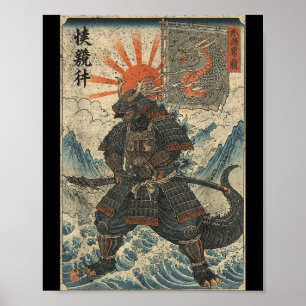 Poster Samurai Kaiju Ukiyo-E Guerreiro Gráfico Kaiju Anim