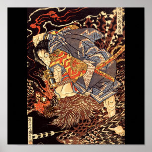 Poster Samurai matando Tengu/bird Painting, c. década de