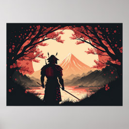 Poster Samurai & Monte Fuji | Lua e Cherry Blossomas Ai A