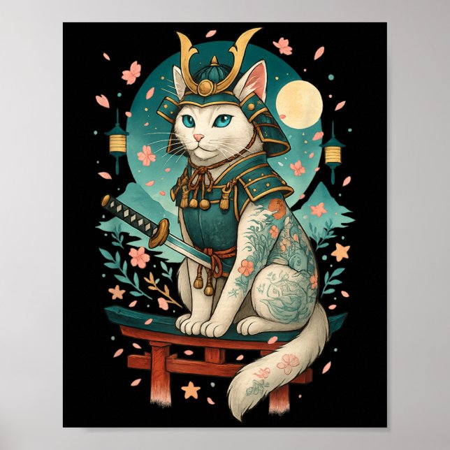 Poster Samurai Moonlight do Gato Japonês Blossom de Cerej (Frente)