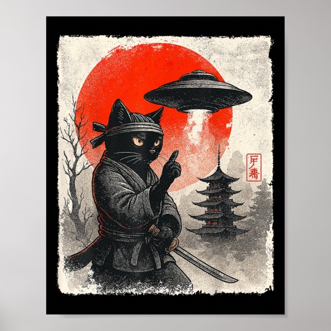 Poster Samurai Ninja Cat Warrior Ufo Anime Japonês presen (Frente)