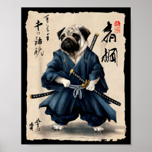 Poster Samurai Pug Anime Japonês Cão Pug Amante Engraçado