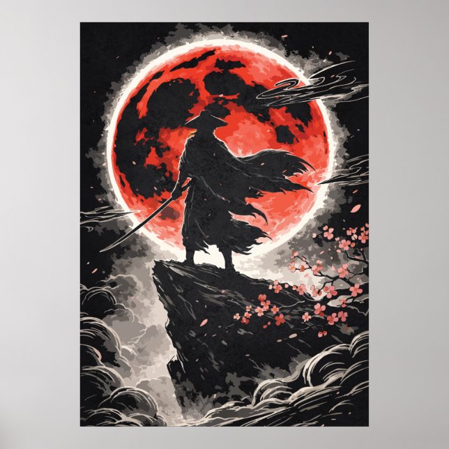 Poster Samurai Ronin in Red Moon - Japanese Anime Art (Frente)