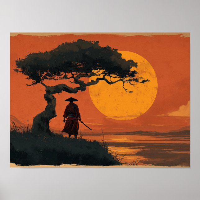 Poster Samurai sob a árvore do pôr do sol em estilo japon (Frente)