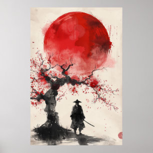 Poster Samurai Solitário – Arte Japonesa em Tinta Vermelh