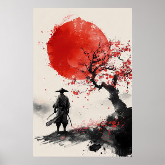 Poster Samurai Solitário – Arte Japonesa em Tinta Vermelh
