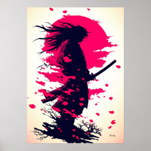 Poster Samurai Solitário sob a Lua da Sakura