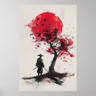 Poster Samurai Solitário – Sol Vermelho Arte Japonesa a T