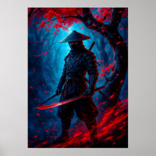 Poster Samurai Warrior com Glosing Katana Fantasy